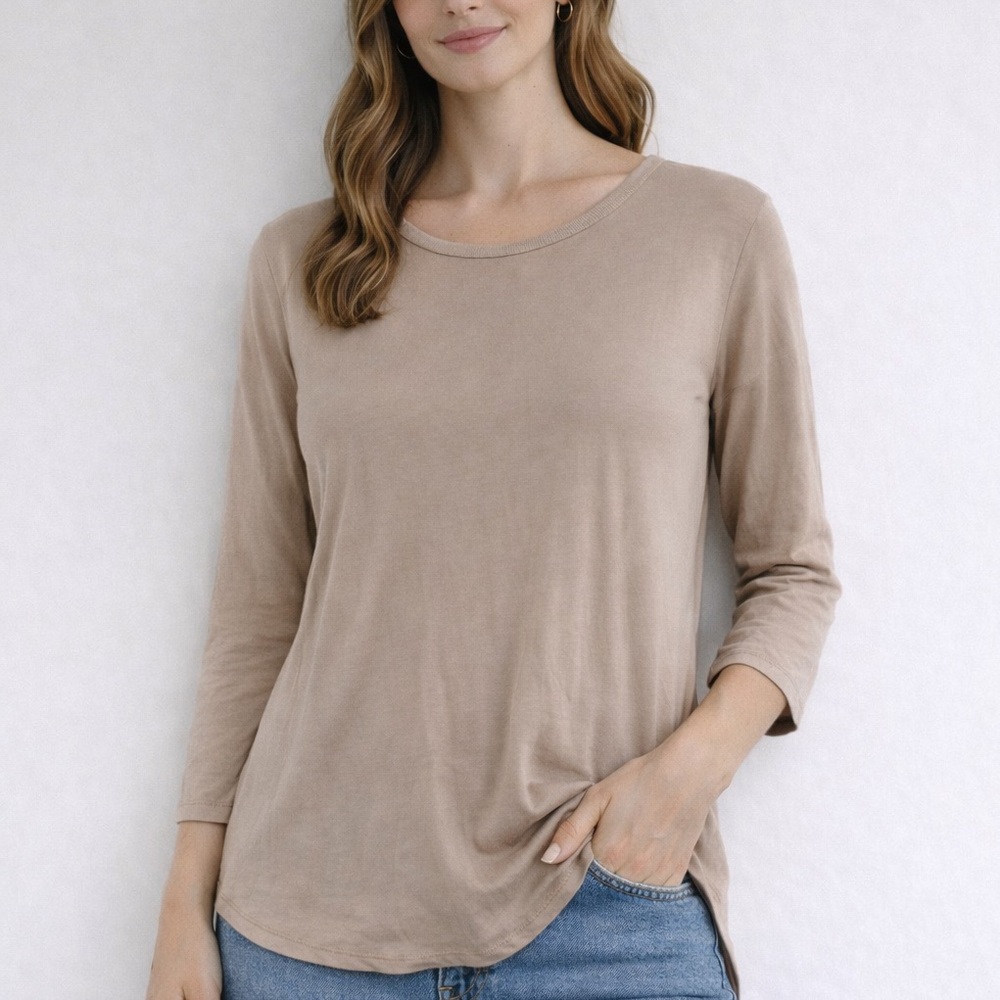 Magaschoni | Beige Long Sleeve Tunic Top | Small | Soft Stretch Minimalist Tee